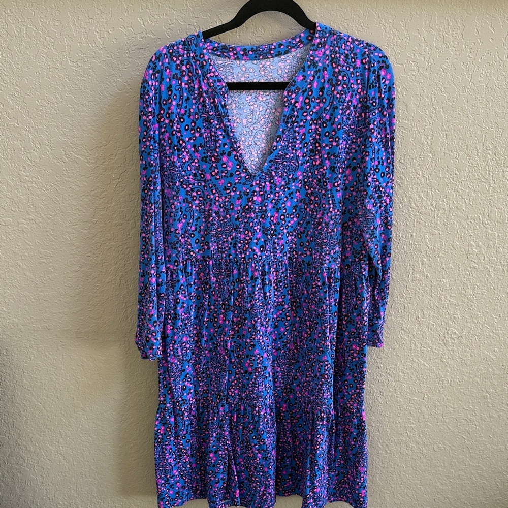 Lilly Pulitzer Blue, Purple & Pink Printed Long-Sleeve V-Neck Dress